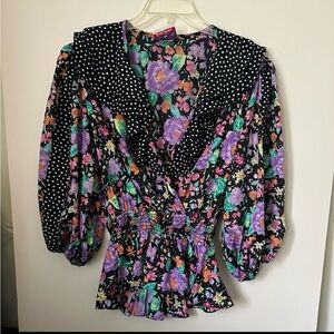Susan Tudor Vintage Floral & Polka Dots Blouse~L